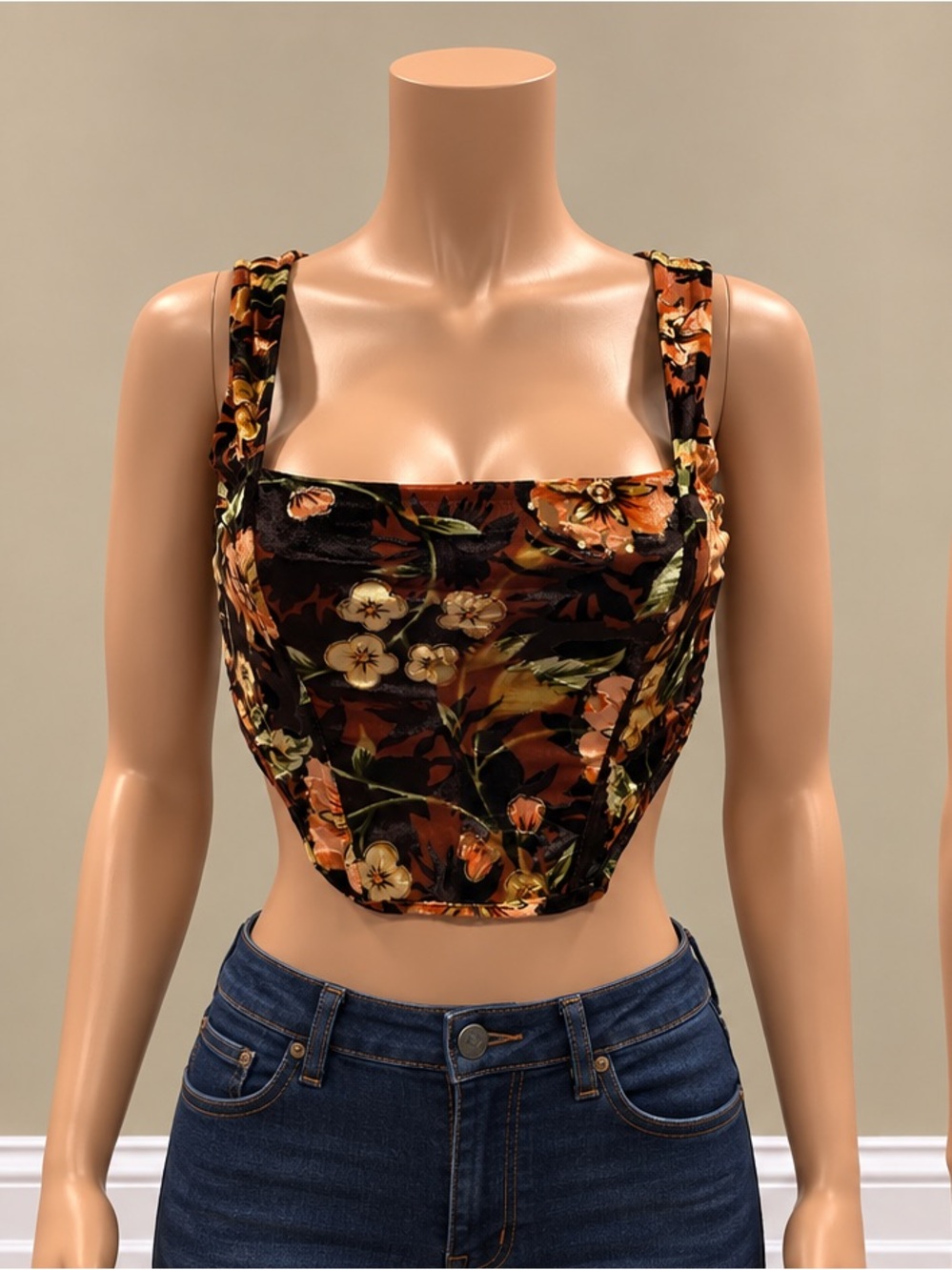 THE BOUTIQUE Black Floral Velvet Corset Bustier Crop Top Boning XS